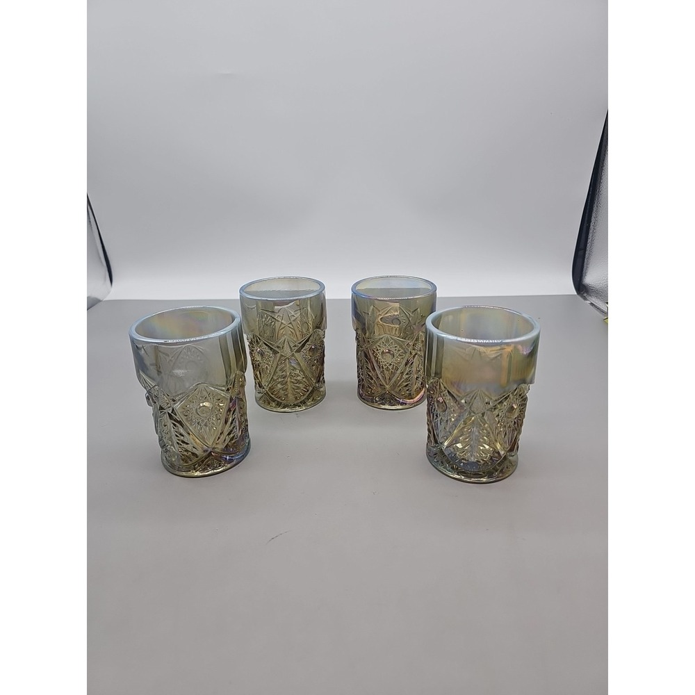 ANTIQUE Valtec CARNIVAL GLASS DOUBLE STAR smoke TUMBLER VINTAGE CUP LOT OF 4